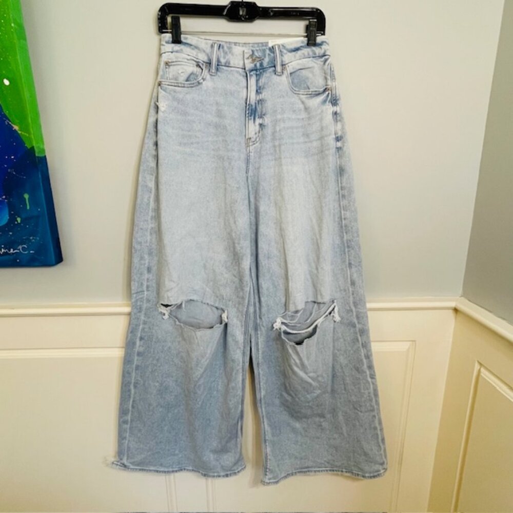 AE Dreamy Drape Baggy Curvy Ultra Wide Leg Jeans High Rise Distressed NWT 29 - Picture 2 of 11